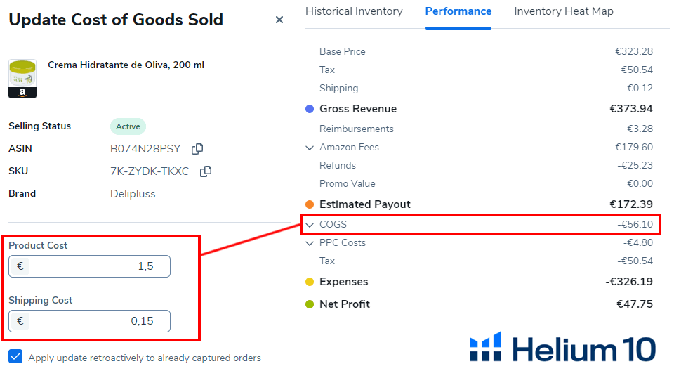 helium 10 profits cogs