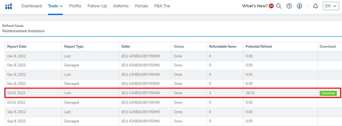 helium 10 refund genie dashboard