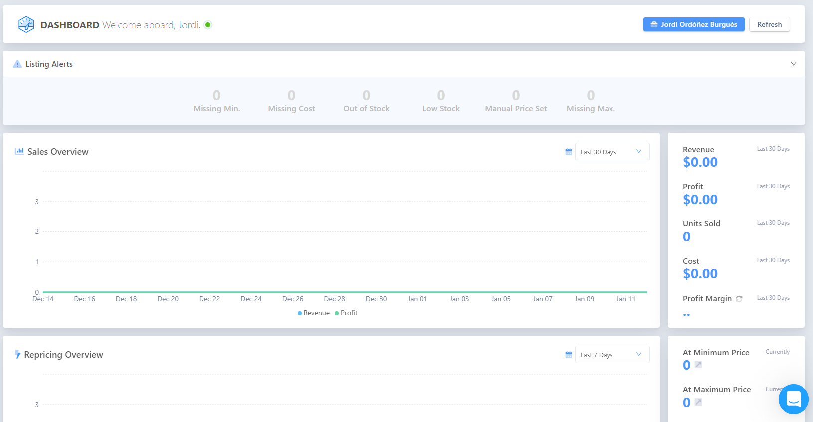 aura repricer sales dashboard