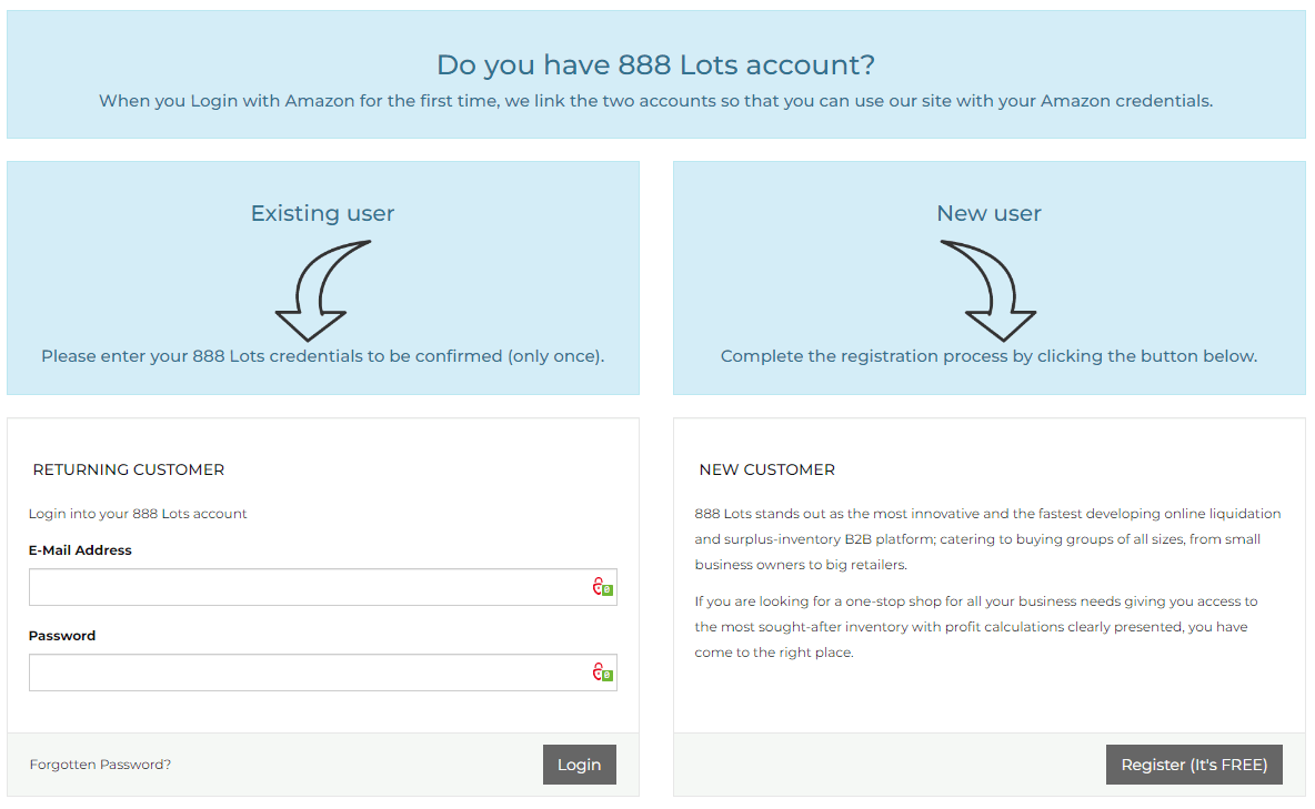 888lots s'inscrire ou se connecter en utilisant le compte amazon