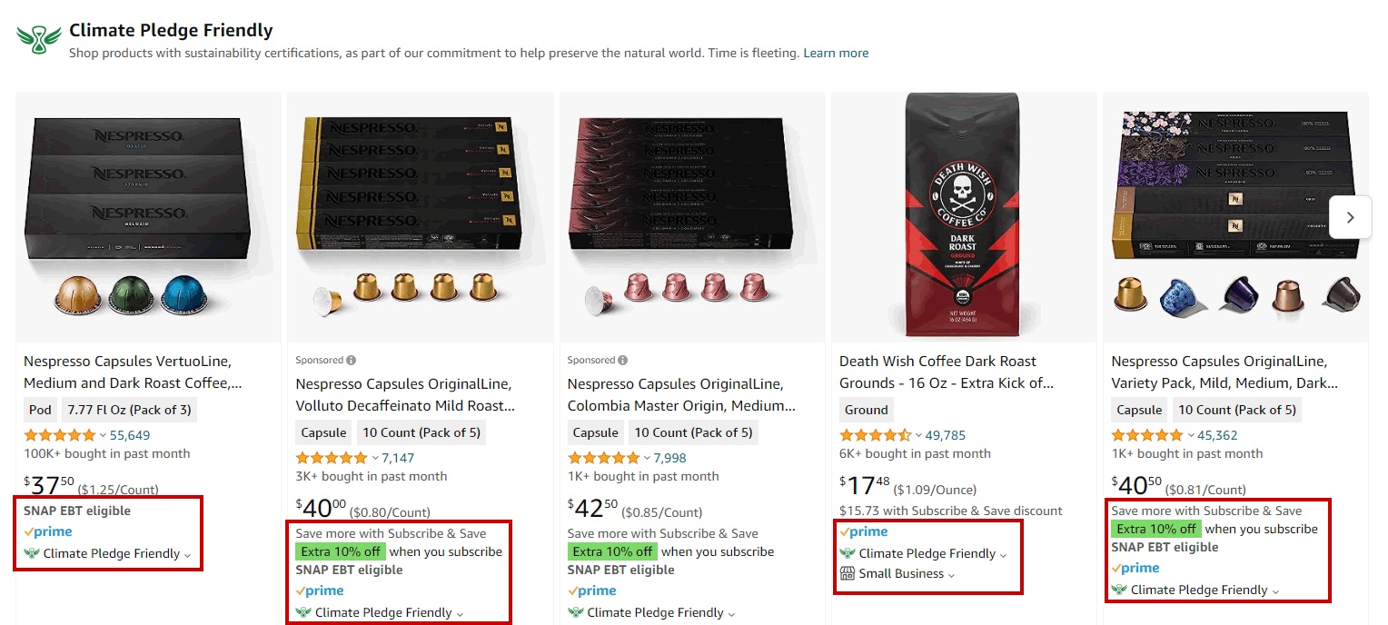 different amazon labels on a search result page