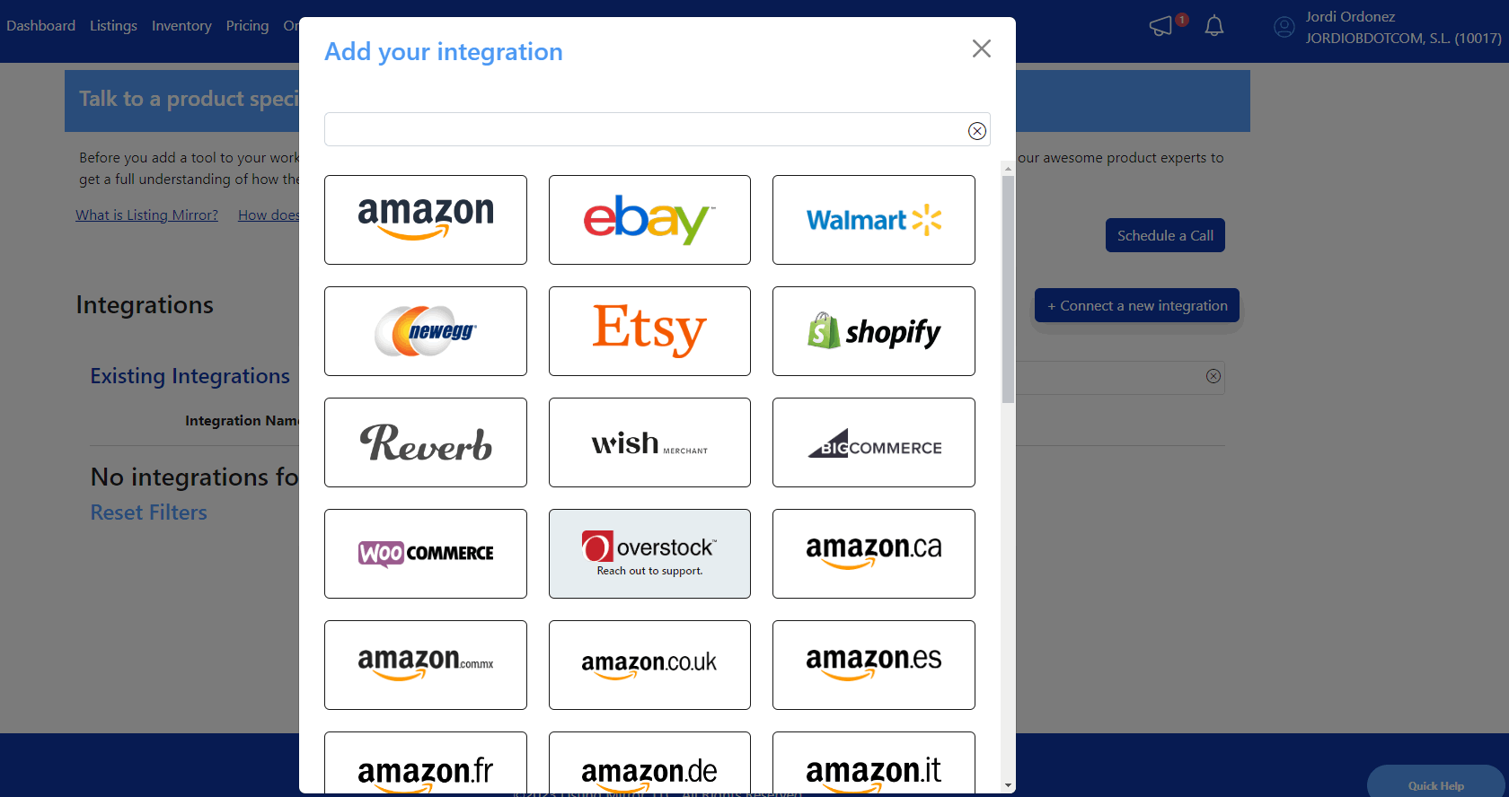 painel de integrações de espelhos de listagem